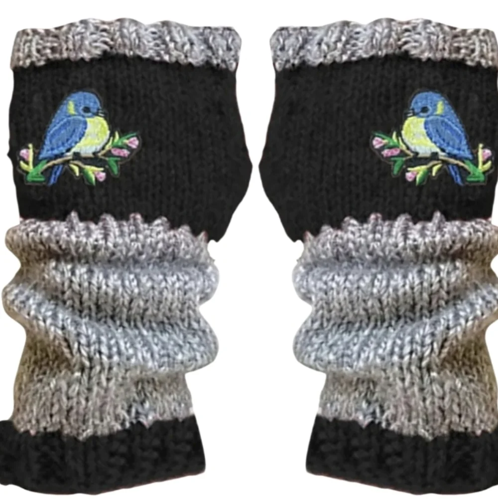 Boho Blue and Gray Striped Embroidered Bird Fingerless Gloves NWOT